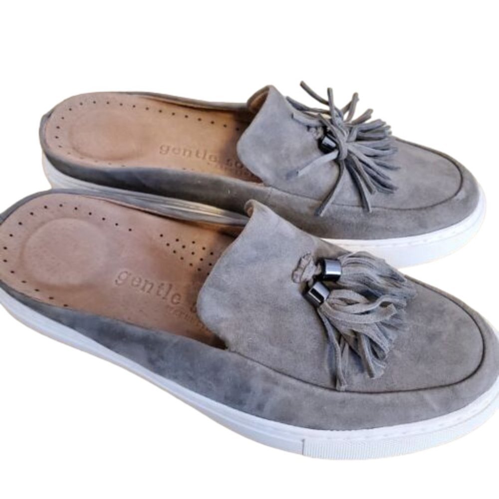 Gentle Souls Rory Kenneth Cole Taupe gray nubuck leather‎ slides Tassel Shoes 6M
